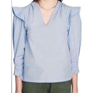 Derek Lam Crosby Women's Light Blue Cotton Ruffle Shoulder V-Neck Blouse Size 8